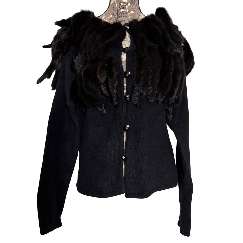 Vintage 1980s Cashmere Decorative Button Up Cardigan Mink Tails Collar Size M